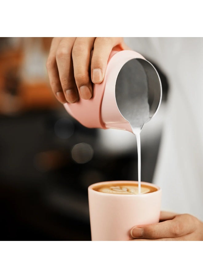 MHW-3BOMBER GT Milk Pitcher Handle less, Pink – 400 ml Stainless Steel Latte Art Pitcher with Silicone Sleeve Grip, U-Shaped Spout, Dual Scale Markings and Ergonomic Design for Latte Art - Image 3